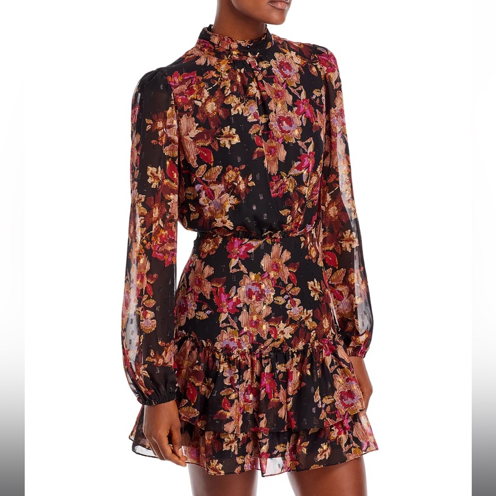 AQUA Mock Neck Tiered Mini Dress | Floral Design | Size Small/2